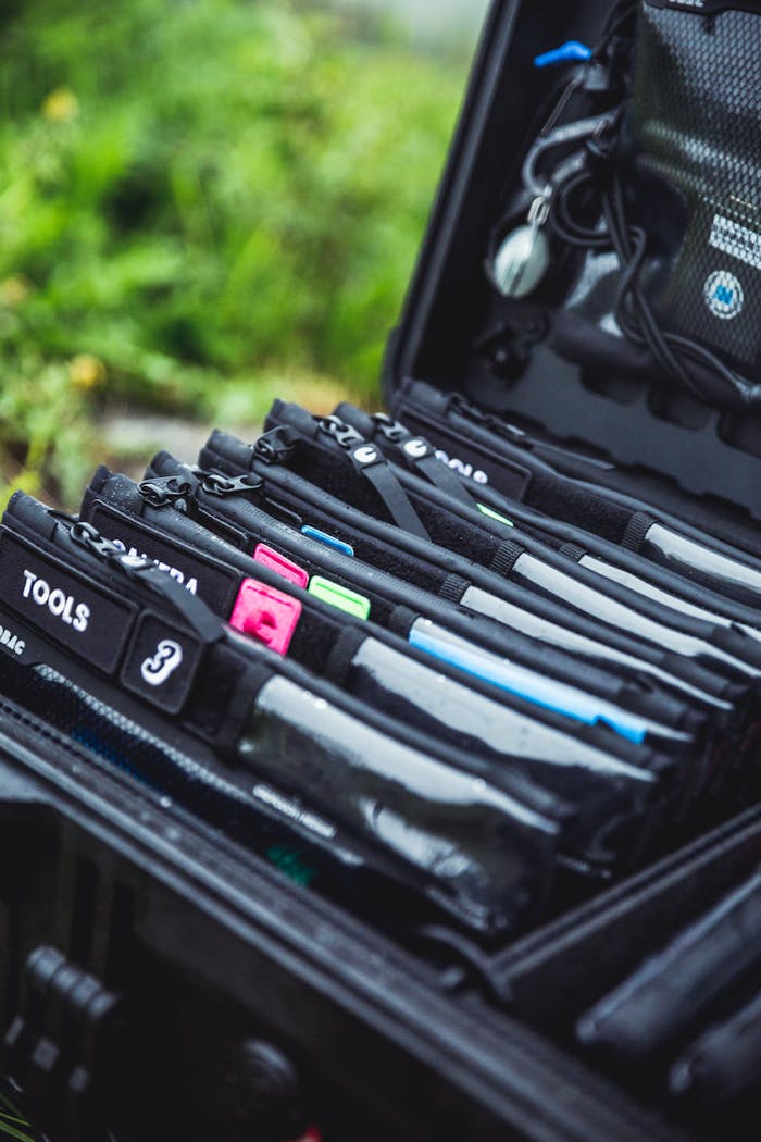 A tool bag with labeled pockets showcasing organization and equipment storage.